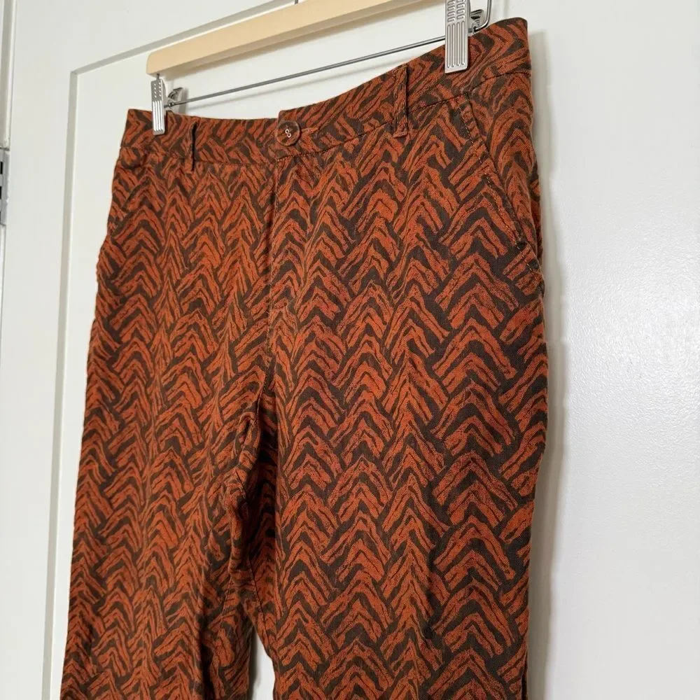 Garnet Hill Pants Womens Sz 8 Orange Rust 100% Linen Chevron Print Wide Leg Boho